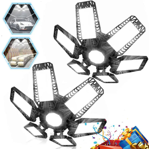 Two Pack 200W Ceiling LED Garage Lights With Six Adjustable Panels Deliver 20000 Lumens Of 6500K Daylight Brightness For E26 E27