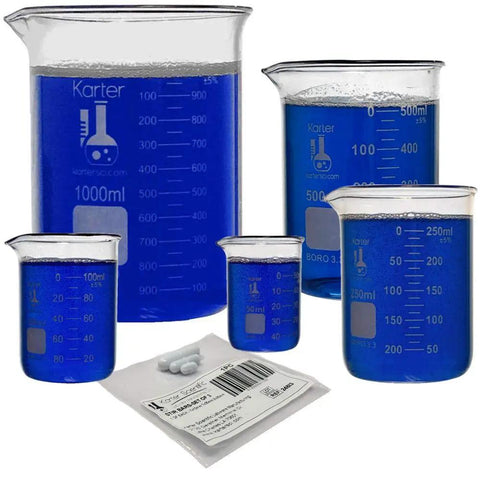 Low Form Beaker Set With Magnetic Stir Bars In Five Sizes 50 mL 100 mL 250 mL 500 mL And 1000 mL For Easy Lab Mixing 3.3 Borosilicate Glass