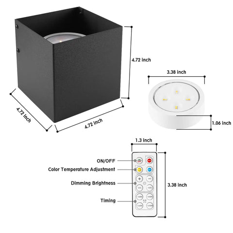 Cordless Battery Operated Cube Wall Sconces With Remote Dimmable LED dimensions and remote control features