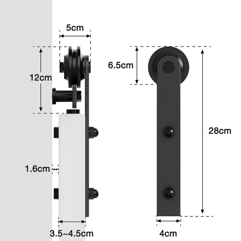 Heavy Duty Black Barn Door Hardware Kit For Five Foot Single Sliding Door Carbon Steel Track Rail J Shape Roller System Easy Install Supports Up To 277 Lbs For 35 Inch Closet Panel Wall Mounted Track Kit side view.