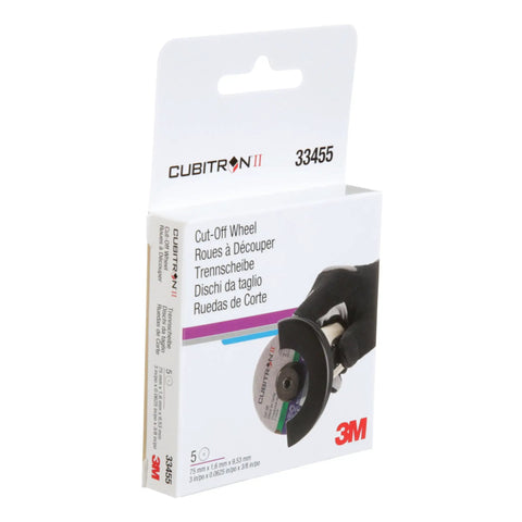 Cubitron II Cut Off Wheel 3 Inch Diameter 0.0625 Inch Thick With Three Eighths Inch Arbor 5 Pack in packaging
