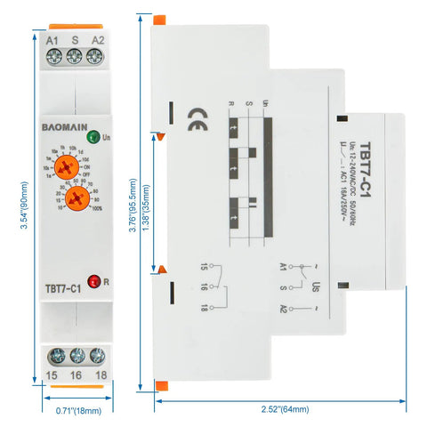 Beefy Delay Off Timer Relay 16A 1-SPDT with Universal 12-240V ACDC Power Range, TBT7-C1 Pro Auto Off for Home, Shop, and Industrial Controls, Works With 12V to 240V In One Unit, front and side view