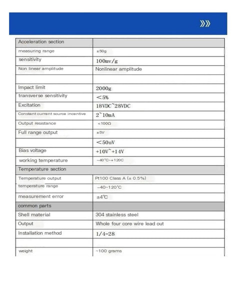 Front view of GWZ100-50 piezoelectric intrinsically safe temperature and vibration sensor specifications sheet