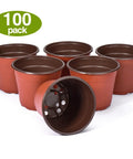 100 Pack 6 Inch Plant Nursery Pots Reusable Waterproof Plastic Pots Seed Starting Pots for Seedlings Garden Projects and Home Pots for Easy Transplanting and Longlasting Use, each with drainage holes, shown in a group of six.