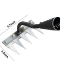 Top view of the Tough As Nails Heavy Duty Iron Weeding Rake With Five Tines For Weeding Soil Loosening Ground Leveling And Dethatching Durable High Carbon Manganese Steel Garden Tool For Yard Lawn And Planting Projects, showing dimensions 6.7 inches by 3.5 inches with 1.18-inch handle diameter.