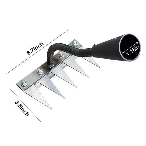 Top view of the Tough As Nails Heavy Duty Iron Weeding Rake With Five Tines For Weeding Soil Loosening Ground Leveling And Dethatching Durable High Carbon Manganese Steel Garden Tool For Yard Lawn And Planting Projects, showing dimensions 6.7 inches by 3.5 inches with 1.18-inch handle diameter.