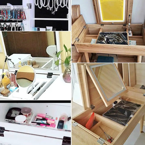 Collage showing installed Beefy 10 Piece Cabinet Door Hinges Set For Home Furniture with wooden boxes and mirrored compartments