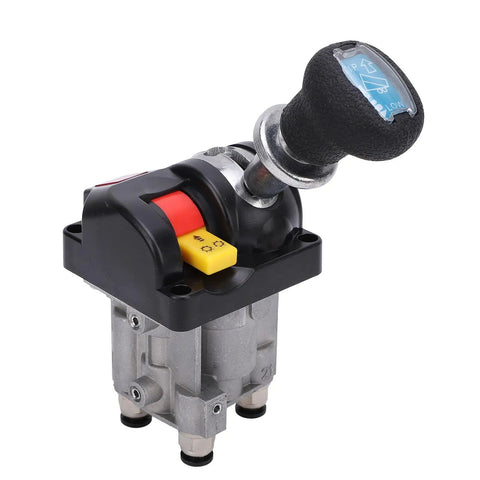 Heavy Duty Dump Truck Proportional Control Valve And PTO Switch Kit with four holes, aluminum and plastic build, front view.