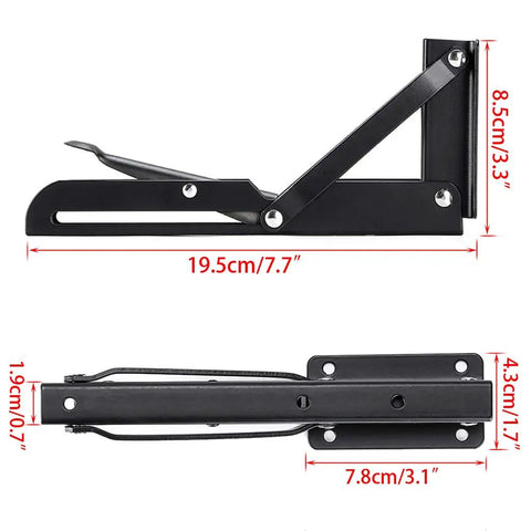 Heavy Duty Folding Shelf Bracket Set Black Metal Triangular Hinge Supports For Wall Mounted Shelves And Benches 8 Inch 2 Pack