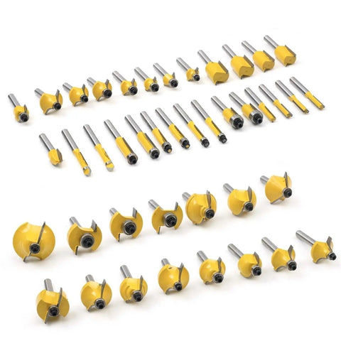 Heavy Duty Tungsten Carbide Router Bit Set Quarter Inch Shank Woodworking Milling Cutter Kit, 100 pieces with yellow coating.