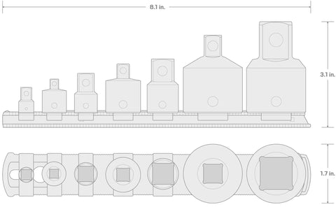 Diagram of 1/4 To 3/4 Inch Drive Impact Adapter And Reducer Set With Rail, 7-Piece for automotive and workshop use.