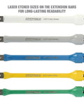Color coded Torque Sticks Half Inch Drive Set Five Piece Torque Limiting Extensions For Lug Nut Protection Keeps Sockets From Getting Dinged Extends Life Of Thin Wall Impact Sockets Color Coded Storage Case Included with laser etched sizes.