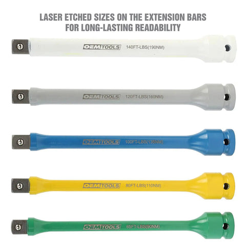 Color coded Torque Sticks Half Inch Drive Set Five Piece Torque Limiting Extensions For Lug Nut Protection Keeps Sockets From Getting Dinged Extends Life Of Thin Wall Impact Sockets Color Coded Storage Case Included with laser etched sizes.