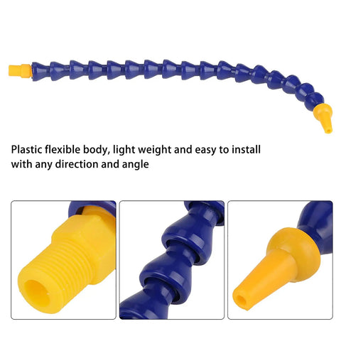 Ultra Flexible Plastic Coolant Pipe Kit For CNC Lathes And Mills, detailed view of adjustable blue and yellow hose.