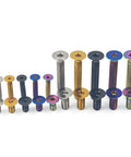 Assorted colored hex socket cap screws, showcasing Blue Titanium M5 And M6 Flat Head Hex Socket Cap Screws, Countersunk, 0.8mm (M5) And 1.0mm (M6) Pitch, Grade 5 6AL-4V Alloy, Precision Thread, Lightweight Fasteners For RC Cars, Drones, Bikes, And DIY Projects, 25mm M6 Length