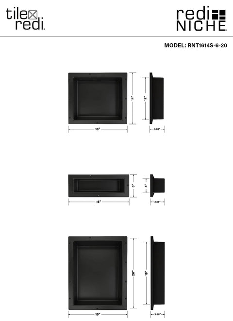 Diagram of Triple Recessed Shower Shelf In Black With Three Built In Shelves, 16 Inch By 40 Inch By 4 Inch Niche, Tile Ready Surface