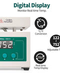 Digital display of Mini Soldering Hot Plate for SMD Rework, Adjustable Temperature 50 to 400C, shows real-time temp and conversions.
