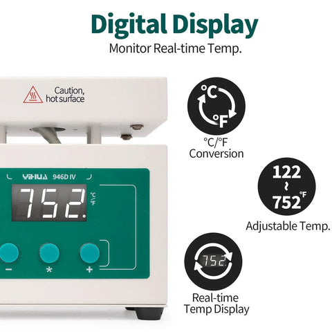 Digital display of Mini Soldering Hot Plate for SMD Rework, Adjustable Temperature 50 to 400C, shows real-time temp and conversions.