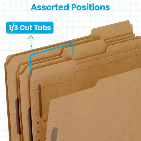 No Sweat Manila File Folders With 2 Prong Fasteners For Secure Paper Storage And Smooth Daily Organization Pack Of Fifty One Third Cut Tab brown paper files with assorted positions.