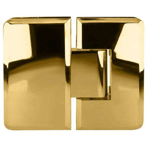 Polished Brass Glass To Glass Hinge With Rounded Corners And Beveled Edges Designed For Heavy Duty Shower Doors view from the front