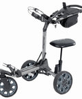 Electric Golf Push Cart With Roomy Seat Featuring Full Directional Remote Nine Speed Levels Mileage Counter Screen And Trueline Tracking side view with sleek design and comfortable seat.
