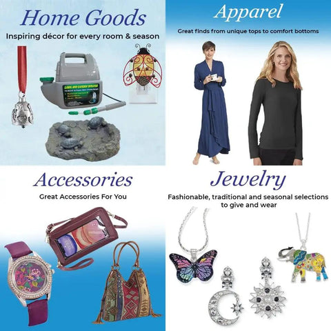 Collage of home goods, apparel, accessories, and jewelry showcasing various products and clothing options for every room and season.