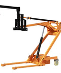 Heavy Hitter Foldable Electric Forklift With Hydraulic Material Handler Lightweight Portable Articulated Stacker in orange color, showing hook and hydraulic lift.
