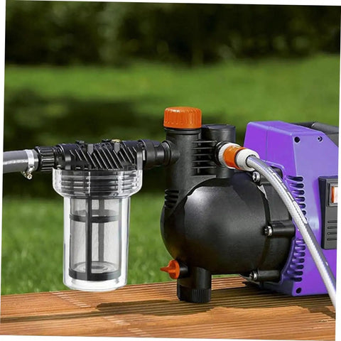 Heavy Duty Inline Water Sediment Filter for Garden Hose or Car Wash Rig with Quick Connect Fitting on pump setup.