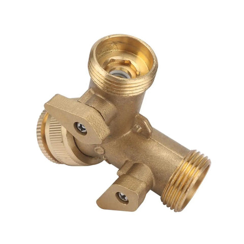 Heavy Duty Solid Brass Y Shaped Valve Two Way Water Splitter Faucet Adapter With Ball Control, side view showing threaded connections.