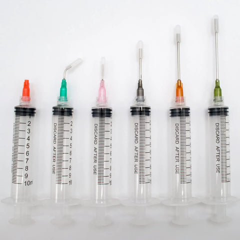 Pro Grade Glue Applicator Syringe Set with blunt tip needles and caps for liquid glue ink perfume lip gloss making in various sizes