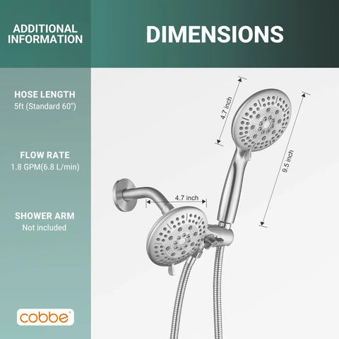 Dual Shower Head Combo 2-in-1 Water Saving System With 59-Inch Stainless Steel Hose, dimensions displayed, brushed nickel finish.