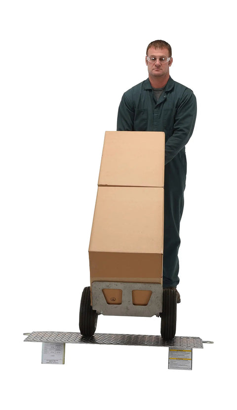 Heavy Duty Aluminum Dock Bridge For Loading Docks And Hand Trucks With Five Hundred Pound Capacity, worker using dock ramp with hand truck.