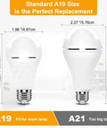 Image comparing Go-To Rechargeable A19 LED Bulbs With 12W Power Backup to A21, highlighting size for E26 E27 socket fit.