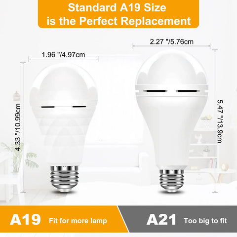 Image comparing Go-To Rechargeable A19 LED Bulbs With 12W Power Backup to A21, highlighting size for E26 E27 socket fit.