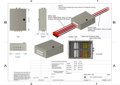 Illustration of No Sweat 500A DC Combiner Box 4 To 2 Out Pre Wired Cable Kit with cable connections and dimensions.