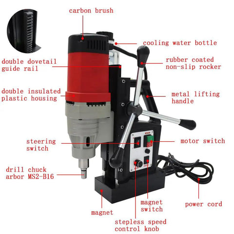 Heavy Duty Magnetic Drill Press 1400W With Tapping 7/8 Inch Drill Chuck And 1/2 Inch Tap 3821 Lbf Suction close-up of controls and features