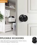 2 Pack Matte Black Dummy Door Knob Set For Single Sided Interior Use On Pantry, Closets, And French Double Doors Non Turning Push Pull Knob installed on white door next to closet