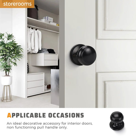 2 Pack Matte Black Dummy Door Knob Set For Single Sided Interior Use On Pantry, Closets, And French Double Doors Non Turning Push Pull Knob installed on white door next to closet