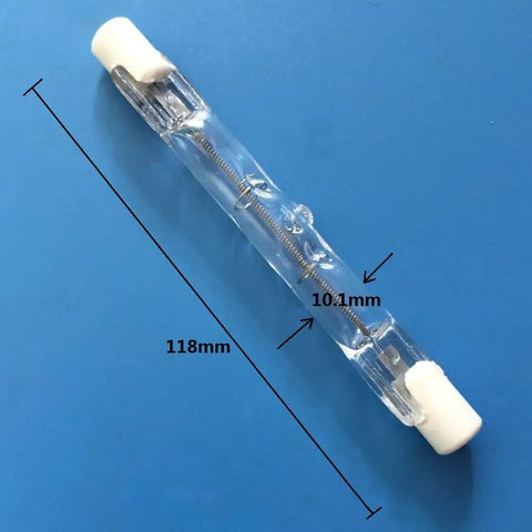 J Type T3 118mm 500W Halogen Bulbs Pack Of 5 R7S Base 120V Double Ended Quartz Tube Flood Lights with measurements shown