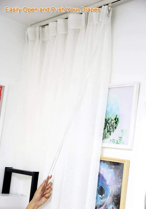 Person using Two Pack 36 Inch Universal Drapery Pull Rods InvisiClear Curtain Wand For Easier No Fuss Opening And Closing Smooth Drapery Operation Clear Acrylic See Through Design That Keeps Your Window Treatments Looking Fresh