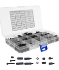 Top Notch Hex Nylon Spacer Standoff Kit With M3 Screws And Nuts For PC Builds Computer Repairs And Hardware Upgrades Super Durable Assortment Holding Components Tight Without Drama Or Loosening So You Can Fix Your Gear Like A Pro Gamer Technician. black M3 nylon standoffs in plastic organizer box