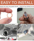 15 Pack 14mm Copper Oil Drain Plug Gaskets showing installation and use with OEM PN 007603-014106