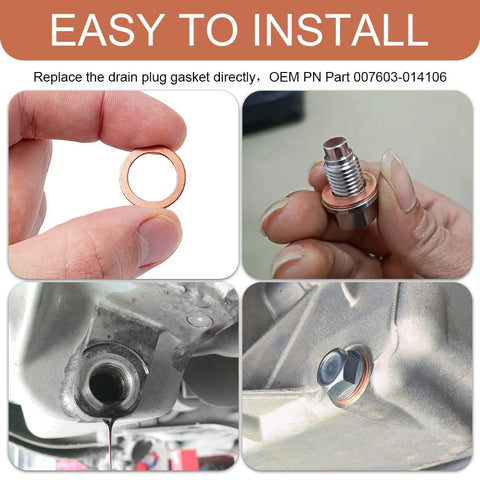 15 Pack 14mm Copper Oil Drain Plug Gaskets showing installation and use with OEM PN 007603-014106