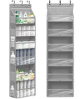 Over the Door Shoe Rack Organizer 6 Tier 66 Lbs Capacity 600D Oxford Fabric Grey 2 Pack, filled with cleaning supplies and towels.
