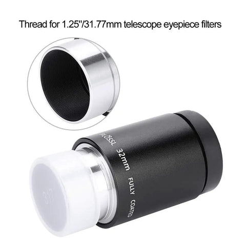 Awesome 32mm Plossl Eyepiece For 1.25 Inch Telescopes With Filter Thread, 52 Degree Field Of View, Long Eye Relief, black and silver design