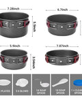 All Purpose Camping Cookware Mess Kit 7 Piece 9 Piece 18 Piece Non Stick Hard Anodized Aluminum Pots And Pans Gear set with plates and utensils