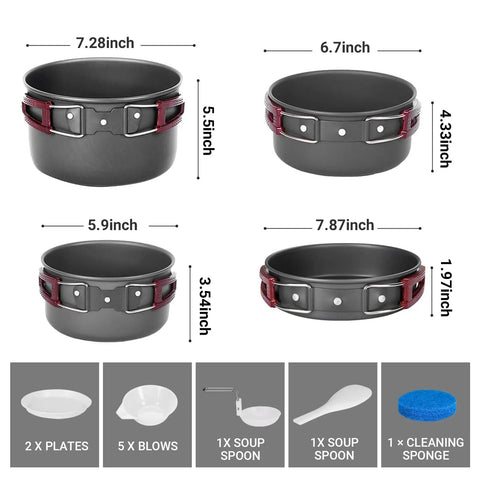 All Purpose Camping Cookware Mess Kit 7 Piece 9 Piece 18 Piece Non Stick Hard Anodized Aluminum Pots And Pans Gear set with plates and utensils