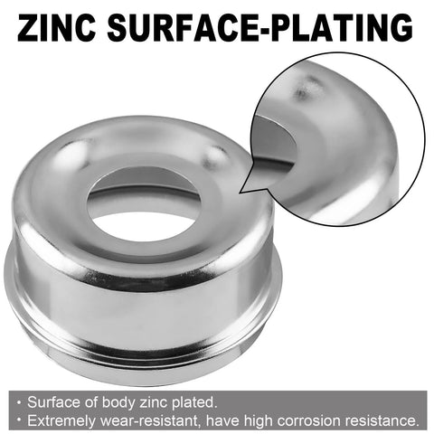 Front view of zinc-plated trailer bearing dust cap, 2.72 in diameter with inner bore