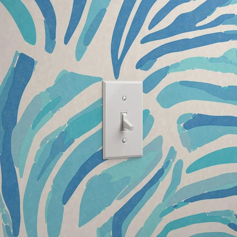 Modern Animal Print Vinyl Wallpaper Delivers Slick Leather Texture And Tough As Nails Durability For Busy Commercial Spaces And Gets Custom Printed For Your Walls with blue zebra stripes and light switch.