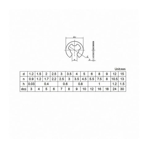 Top Shelf 316 Stainless Steel E Clip External Retaining Rings dimensions chart for sizes M2 to M10 in mm.